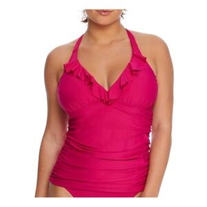 Birdsong Size 32G Hibiscus PInk Ruffle Halter Underwire Tankini Swim Top Ruched